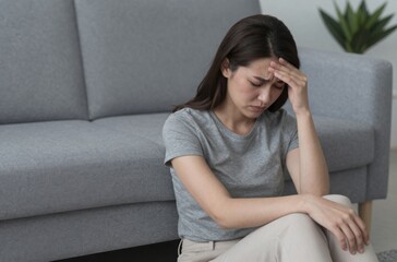 Obraz premium Depressed Asian Woman Sitting on Floor with Headache in Gray Living Room Feeling Stressed