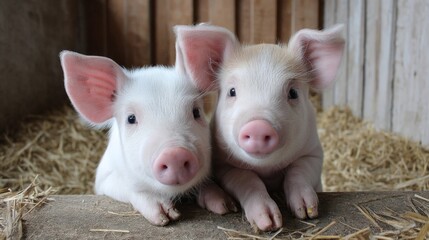 Two adorable piglets sit side by side, relishing their tasty meal on a lively pig farm. Surrounding them are lush fields where crops flourish under the warm sun