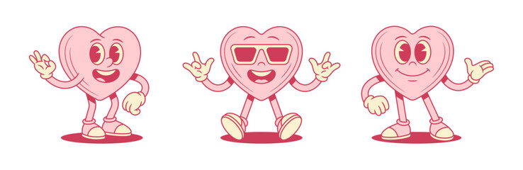 Smiling pink heart cartoon character set comic personage contoured vector flat illustration. Happy cheerful like love valentines minimalist mascot cool in sunglasses presenting okay gesture
