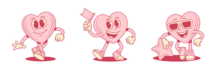 Obraz premium Happy pink heart cartoon character set funky contoured vector flat illustration. Smiling cheerful like love valentines minimalist mascot with flag walking sunglasses star best choice