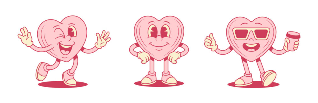 Happy pink heart cartoon character set positive personage contoured vector flat illustration. Smiling funky love like valentine minimalist mascot in sunglasses coffee take away greeting hi hello