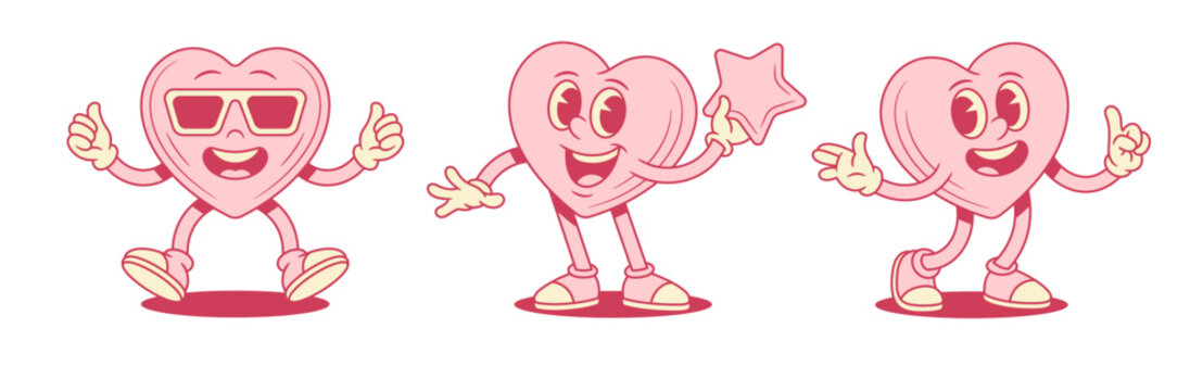 Cheerful pink heart cartoon character set funky personage contoured vector flat illustration. Smiling adorable like love valentines minimalist mascot cool in sunglasses star best choice idea