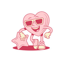 Cool funky pink heart cartoon character in sunglasses contoured vector flat illustration. Smiling like love Saint Valentine's Day minimalist mascot with star best choice award quality guarantee