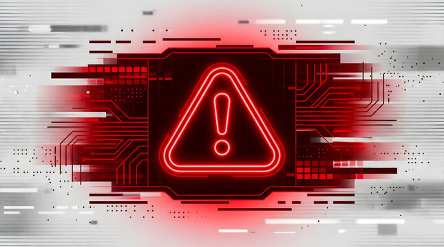 Digital system error warning sign with abstract red circuit glitch on white background
