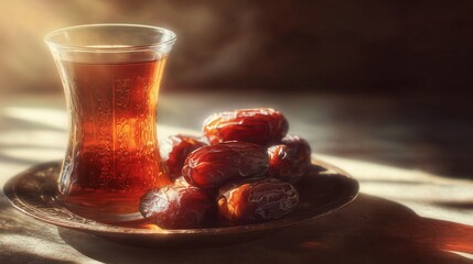 Ramadan Iftar Dates and Tea Still Life in Warm Rustic Light. Dates with Glass Tea on Wooden Table Ramadan Theme