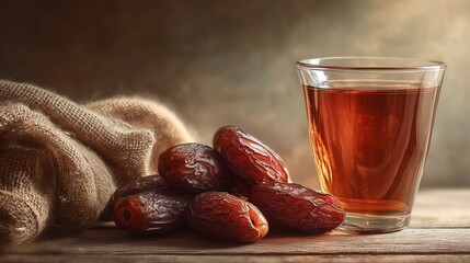 Ramadan Iftar Dates and Tea Still Life in Warm Rustic Light. Dates with Glass Tea on Wooden Table Ramadan Theme