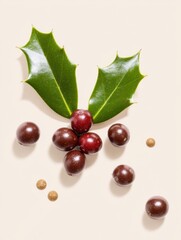 Small Green Holly Leaves with Dark Mocha Mousse Berries for Christmas Decoration and Festive Winter Branding on Cream Background with Subtle Copy Space
