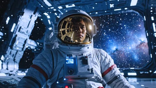 astronaut seated in observation bay gazing at stars and milky way through large porthole, reflective gold visor catching cabin lights, relaxed posture on bench, soft blue illumination, quiet