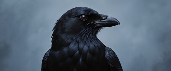 Obraz premium Majestic black raven portrait with detailed feathers and piercing dark eye against moody blue-gray background for wildlife and nature projects