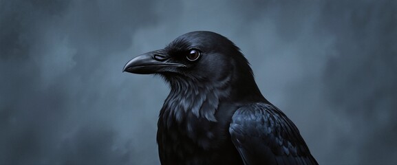 Fototapeta premium Majestic black raven portrait with detailed feathers and piercing dark eye against moody blue-gray background for wildlife and nature projects