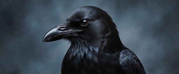 Obraz premium Majestic black raven portrait with detailed feathers and piercing dark eye against moody blue-gray background for wildlife and nature projects