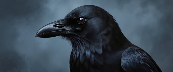 Obraz premium Majestic black raven portrait with detailed feathers and piercing dark eye against moody blue-gray background for wildlife and nature projects
