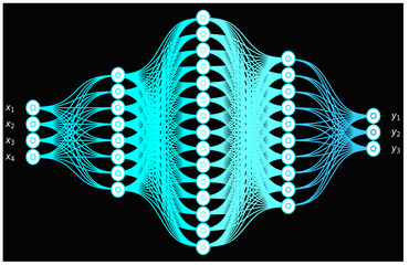 Blue Glowing Deep Neural Network Visualization with Connected Layers and Data Flow, Artificial Intelligence, Machine Learning, Abstract AI Technology Background