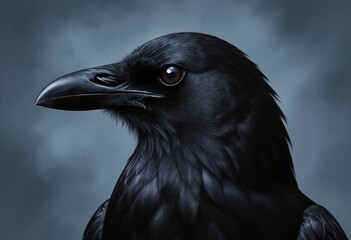 Obraz premium Majestic black raven portrait with detailed feathers and piercing dark eye against moody blue-gray background for wildlife and nature projects