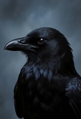Obraz premium Majestic black raven portrait with detailed feathers and piercing dark eye against moody blue-gray background for wildlife and nature projects