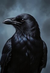 Obraz premium Majestic black raven portrait with detailed feathers and piercing dark eye against moody blue-gray background for wildlife and nature projects