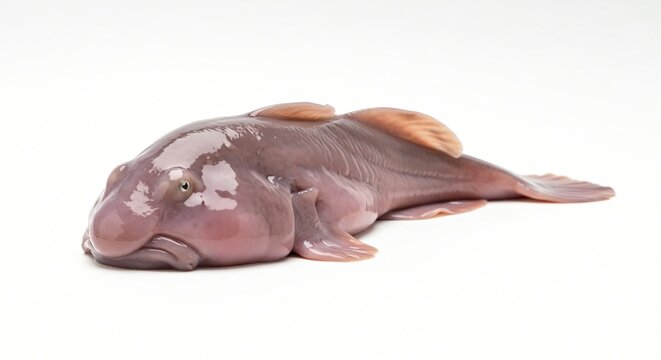 Photorealistic blobfish isolated on solid white background, clean cut edges for mockups, posters, memes, education, and graphic assets.