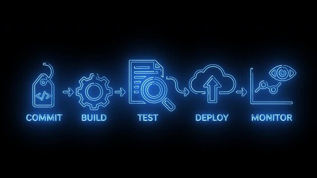 Neon-lit illustration of a DevOps pipeline process with icons for commit, build, test, deploy, and monitor on a black background with blue glow