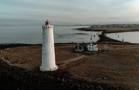 Aerial view of lighthouse navigational aid near Reykjavik, Iceland