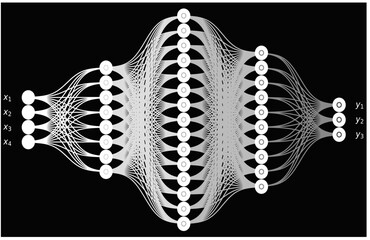 Monochrome Deep Neural Network Visualization with Connected Nodes and Data Flow, Artificial Intelligence, Machine Learning, Abstract Technology Background
