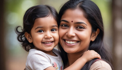 Portrait of happy indian mother with her daughter in the park