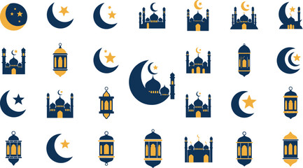 Fototapeta premium Islamic crescent moon and star symbols with mosque illustrations at night 2 (57)