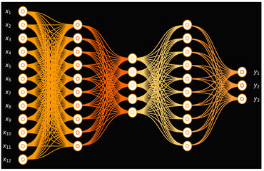 Deep Neural Network Architecture Visualization with Glowing Nodes and Data Flow, Artificial Intelligence, Machine Learning, Abstract AI Technology Background