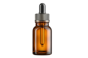Amber Glass Dropper Bottle With White Cap Against Black Background liquid, Isolated On Transparent Background, Png Cut Out