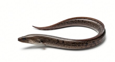 Obraz premium Photorealistic eel isolated on solid white background, clean cut edges for mockups, posters, seafood menus, education, and graphic design assets.