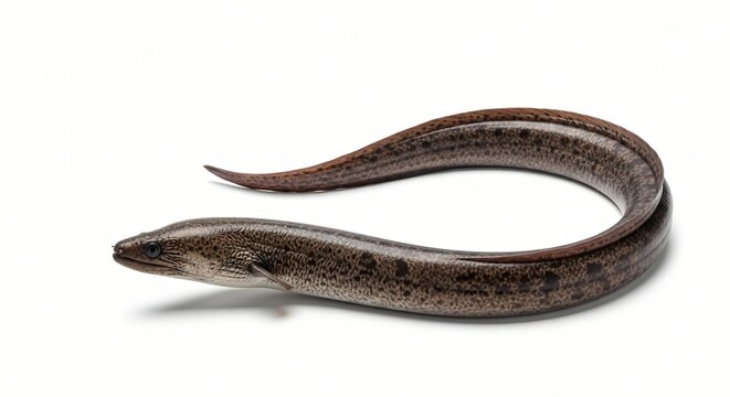 Photorealistic eel isolated on solid white background, clean cut edges for mockups, posters, seafood menus, education, and graphic design assets.