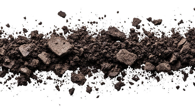 Close-up of dark soil and fragmented earth pieces, isolated on black background