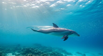Dolphin swimming freely in clear ocean water, showing smooth body and playful movement. A highly intelligent marine mammal known for social behavior and agility.