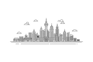 Obraz premium Minimalist linear cityscape with skyscrapers and clouds
