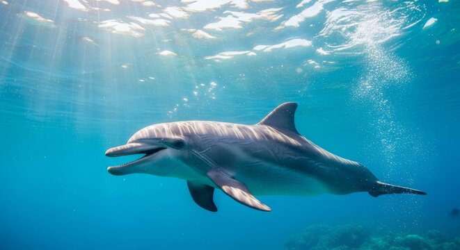Dolphin swimming freely in clear ocean water, showing smooth body and playful movement. A highly intelligent marine mammal known for social behavior and agility.