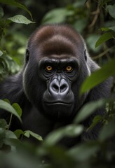 Obraz premium Mountain gorilla with intense golden eyes peering through dense tropical rainforest foliage in natural wildlife habitat for conservation awareness campaigns