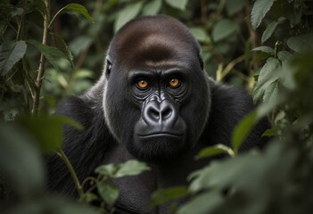 Obraz premium Mountain gorilla with intense golden eyes peering through dense tropical rainforest foliage in natural wildlife habitat for conservation awareness campaigns