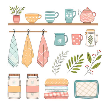 Assorted kitchen items including cups mugs towels and jars displayed on a shelf and hanging from hooks in a domestic setting illustration