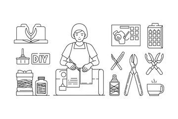 Fototapeta premium Crafting essentials line art: tools and supplies for diy projects