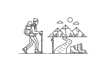 Hiking adventure linear design with mountains and backpacker