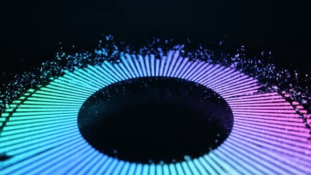 A digital audio visualizer displays a vibrant circular pattern with a dark void at its center