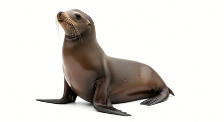 Naklejka premium Photorealistic sea lion isolated on solid white background, clean cut edges for mockups, posters, education, marine branding, and graphic assets.