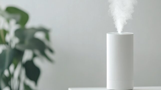 ionizer. Modern air ionizer on a desktop releasing a subtle plume of mist. product launch decks, UI/UX mockups, designed for data visualization dashboards and holographic UIs, highlights innovation.
