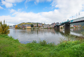 View from  Moselle riverbank in Traben-Trarbach towards the bridge and historic Traben-Trarbach.