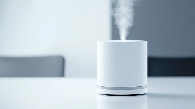 ionizer. Modern air ionizer on a desktop releasing a subtle plume of mist. product launch decks, UI/UX mockups, designed for data visualization dashboards and holographic UIs, highlights innovation.