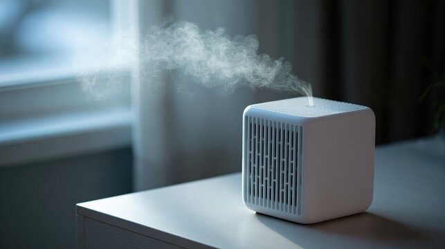 ionizer. Modern air ionizer on a desktop releasing a subtle plume of mist. product launch decks, UI/UX mockups, designed for data visualization dashboards and holographic UIs, highlights innovation.