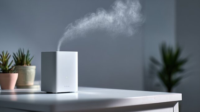 ionizer. Modern air ionizer on a desktop releasing a subtle plume of mist. product launch decks, UI/UX mockups, designed for data visualization dashboards and holographic UIs, highlights innovation.