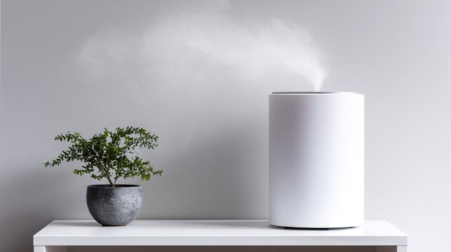 ionizer. Modern air ionizer on a desktop releasing a subtle plume of mist. product launch decks, UI/UX mockups, designed for data visualization dashboards and holographic UIs, highlights innovation.