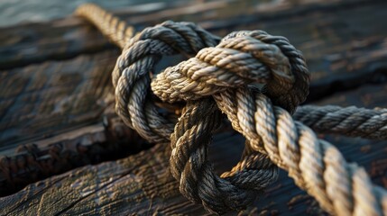 Fototapeta premium Close-up of a thick rope tied in a complicated knot. A rope with a coarse texture.