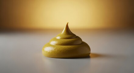 A dollop of bright yellow mustard artfully swirled on a clean surface, illuminated by warm light.