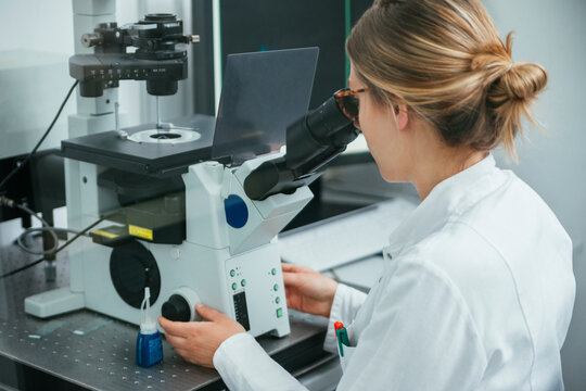 Laboratory technician using microscope in lab